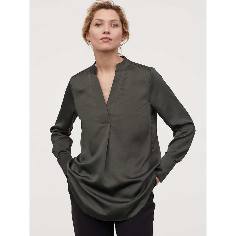 H&M Satin Tunic Blouse XS Olive Green Long Sleeve V-Neck Minimalist Workwear